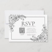  zwarte en witte Floral Line Art QR Code RSVP (Voorkant)