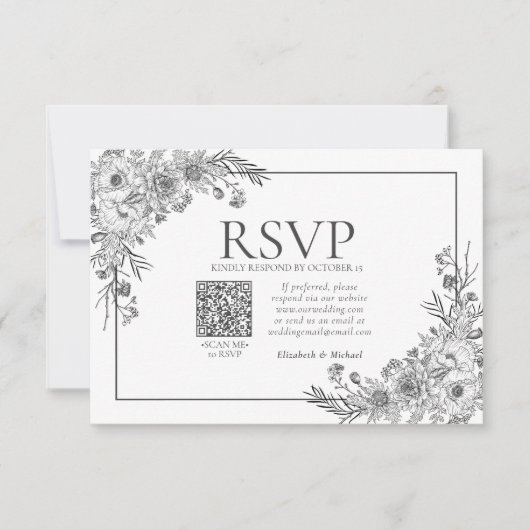  zwarte en witte Floral Line Art QR Code RSVP (Voorkant)