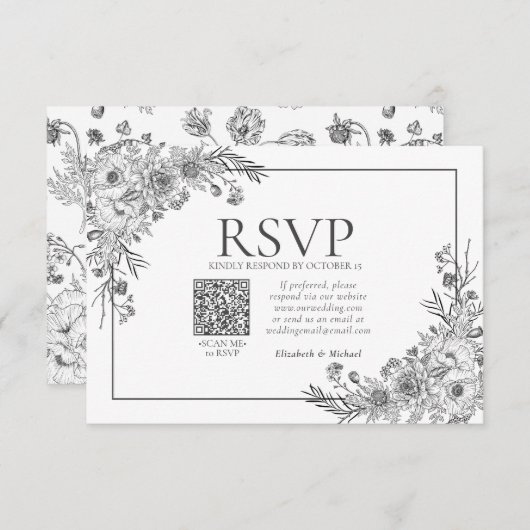  zwarte en witte Floral Line Art QR Code RSVP (Voorkant / Achterkant)