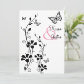 Zwarte en witte Floral met Butterflies op Linen Kaart (Staand voorkant)