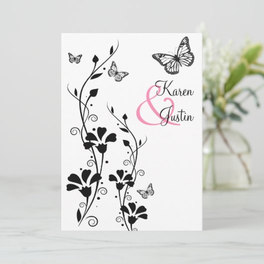 Zwarte en witte Floral met Butterflies op Linen Kaart (Staand voorkant)