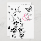 Zwarte en witte Floral met Butterflies op Linen Kaart (Voorkant / Achterkant)