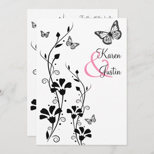 Zwarte en witte Floral met Butterflies op Linen Kaart (Voorkant / Achterkant)