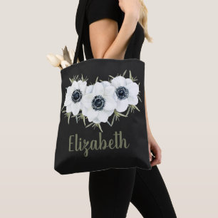 Zwarte en witte Floral met naam Tote Bag