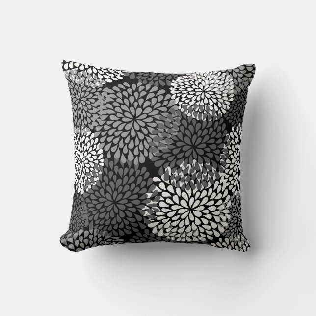 Zwarte en witte Floral Pillow - Chrysanthemum Kussen (Voorkant)