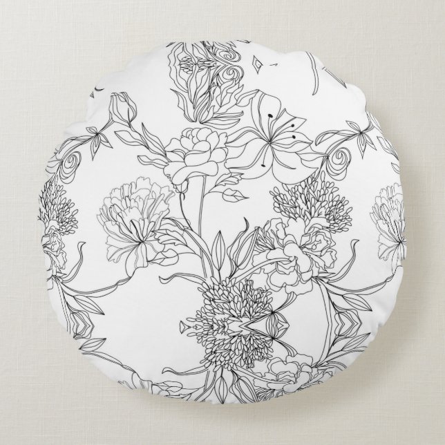 Zwarte en witte Floral Rond Kussen (Voorkant)