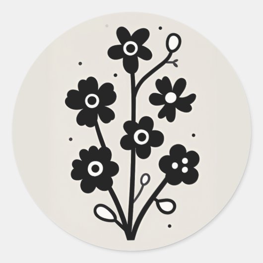 Zwarte en witte Floral Ronde Sticker (Voorkant)