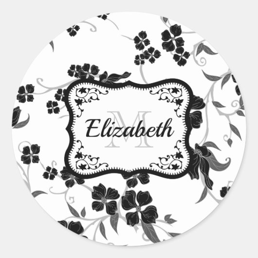 Zwarte en witte Floral Ronde Sticker (Voorkant)
