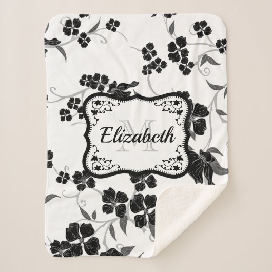 Zwarte en witte Floral Sherpa Deken (Voorkant)