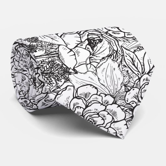 Zwarte en witte Floral Stropdas (Opgerold)