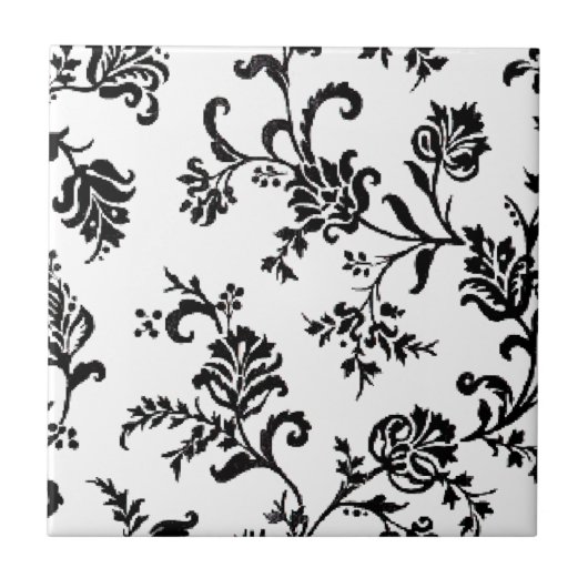 Zwarte en witte Floral Tegeltje (Voorkant)
