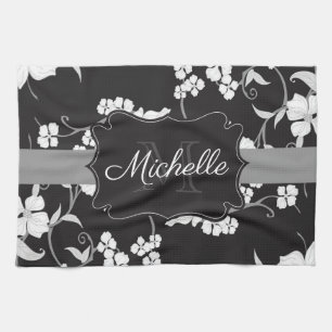 Zwarte en witte Floral Theedoek