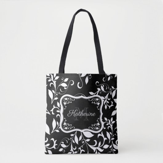 Zwarte en witte Floral Tote Bag (Voorkant)