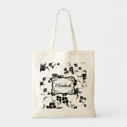 Zwarte en witte Floral Tote Bag (Voorkant)