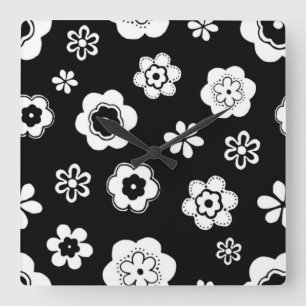 Zwarte en witte Floral Vierkante Klok