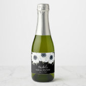 Zwarte en witte Floral Waterverf Mini Sparkling Wijnetiket (Voorkant)