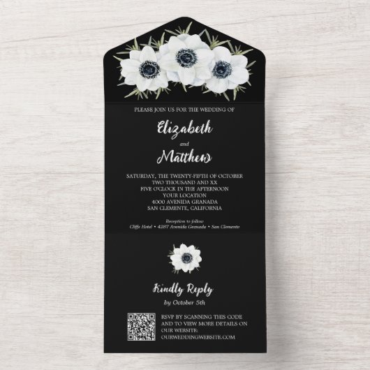 Zwarte en witte Floral Wedding All In One Uitnodiging (Binnen)