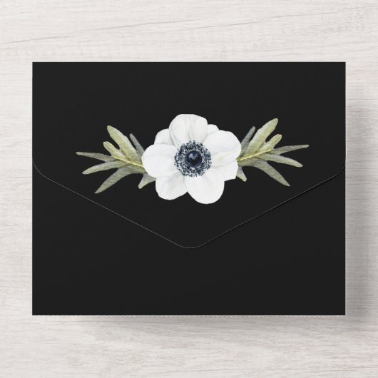 Zwarte en witte Floral Wedding All In One Uitnodiging (Achterkant)