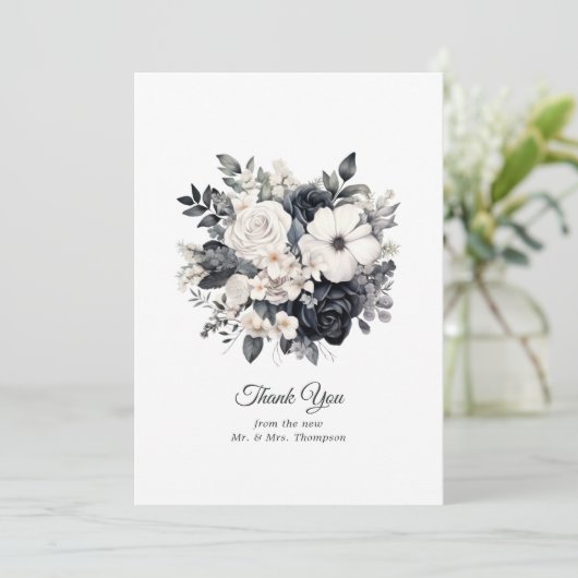 Zwarte en witte Floral Wedding Bedankkaart (Staand voorkant)