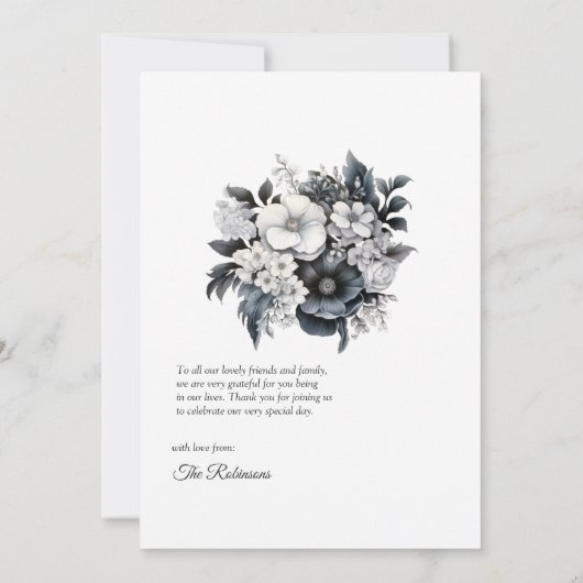 Zwarte en witte Floral Wedding Bedankkaart (Achterkant)