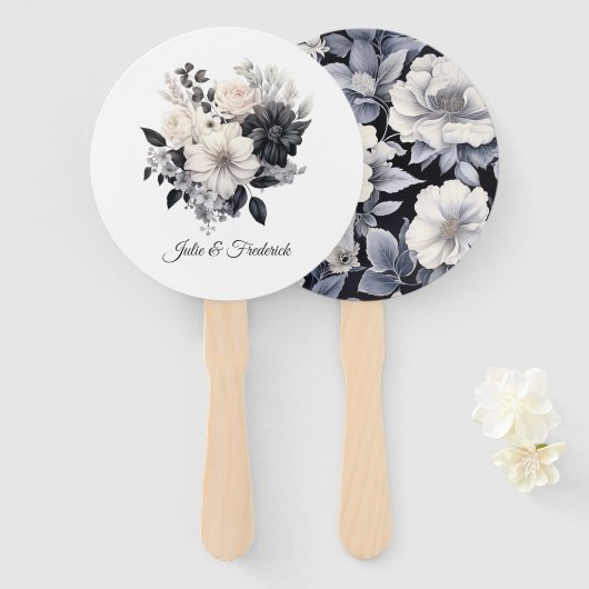 Zwarte en witte Floral Wedding Handwaaier (Voorkant en achterkant)