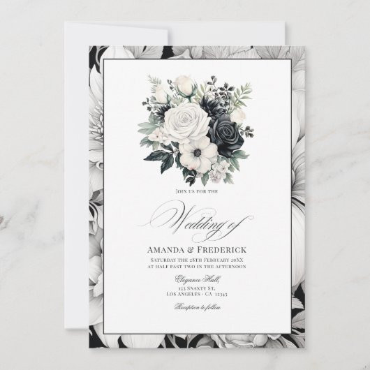 Zwarte en witte Floral Wedding Kaart (Voorkant)