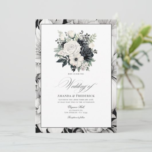 Zwarte en witte Floral Wedding Kaart (Staand voorkant)