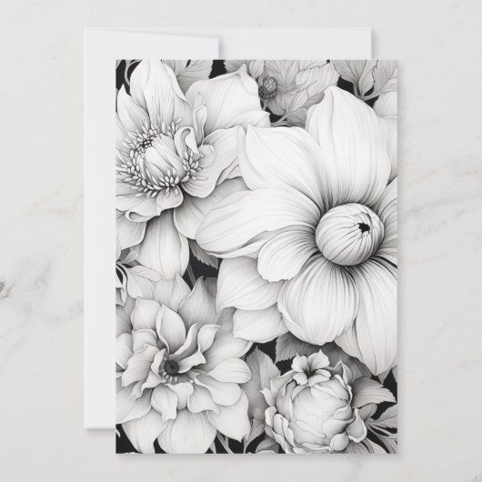 Zwarte en witte Floral Wedding Kaart (Achterkant)