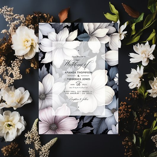 Zwarte en witte Floral Wedding Kaart