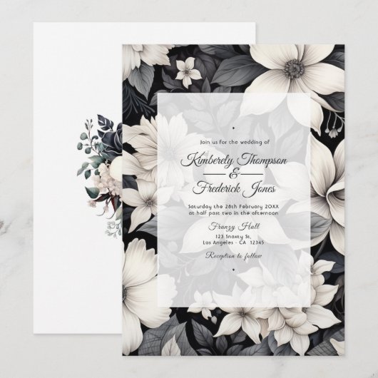 Zwarte en witte Floral Wedding Kaart (Voorkant / Achterkant)