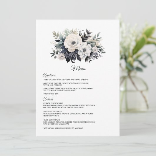 Zwarte en witte Floral Wedding Menu (Staand voorkant)