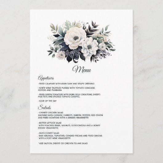 Zwarte en witte Floral Wedding Menu (Voorkant)