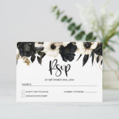 Zwarte en witte Floral Wedding RSVP Kaartje (Staand voorkant)