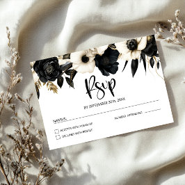 Zwarte en witte Floral Wedding RSVP Kaartje