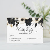 Zwarte en witte Floral Wedding RSVP Kaartje (Staand voorkant)