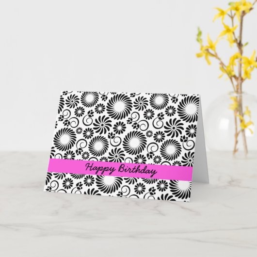 Zwarte en witte florale Birthday Kaart (Gele Bloem)