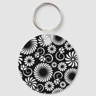 Zwarte en witte florale Sleutelhanger