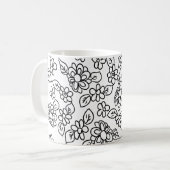 Zwarte en witte florale tekening koffiemok (Voorkant links)
