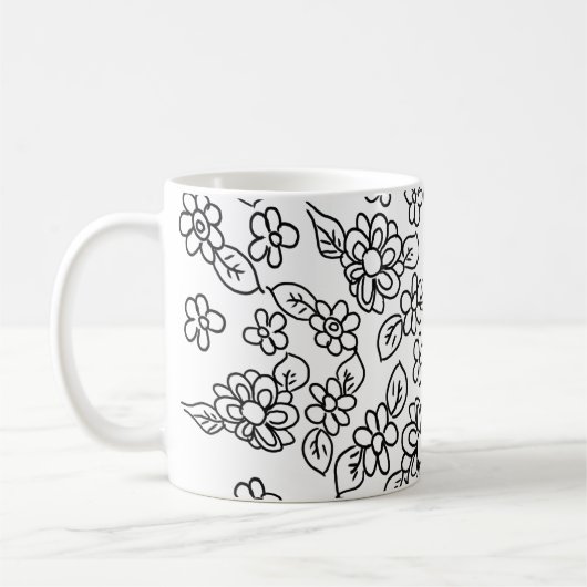 Zwarte en witte florale tekening koffiemok (Links)