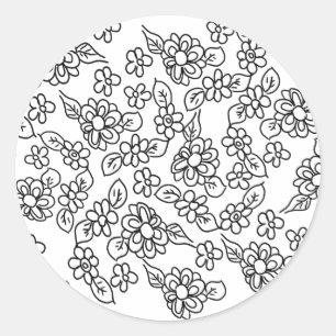 Zwarte en witte florale tekening ronde sticker