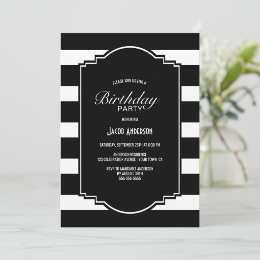 Zwarte en Witte gestreept feest Kaart (Staand voorkant)