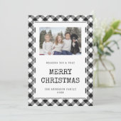 Zwarte en witte Gingham Pset-fotokerstkaart Feestdagenkaart (Staand voorkant)