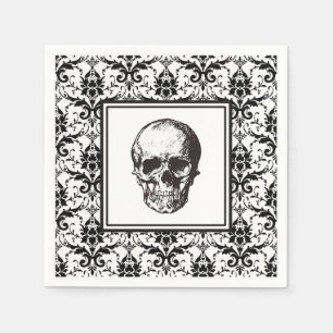 Zwarte En Witte Gotische Damast Schedel Vintage Servet