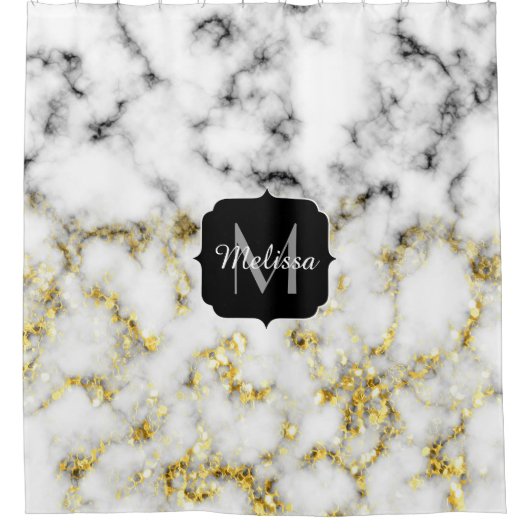 Zwarte en witte goudsparametensmaak Monogram Douchegordijn (Voorkant)