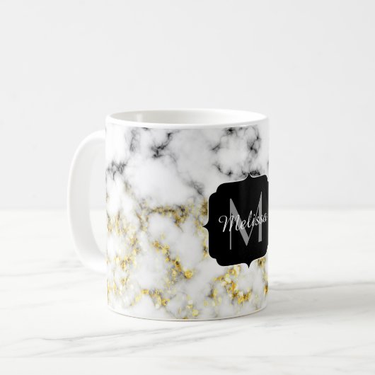 Zwarte en witte goudsparametensmaak Monogram Koffiemok (Voorkant links)