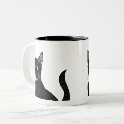 Zwarte en witte groene oogkat tweekleurige koffiemok (Voorkant links)
