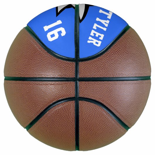 Zwarte en witte haai op blauwe witte letters basketbal (Rechts)