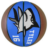 Zwarte en witte haai op blauwe witte letters basketbal (Verticaal)