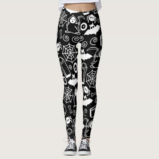 ZWARTE EN WITTE HALLOWEEN DOODLEN LEGGINGS (Voorkant)