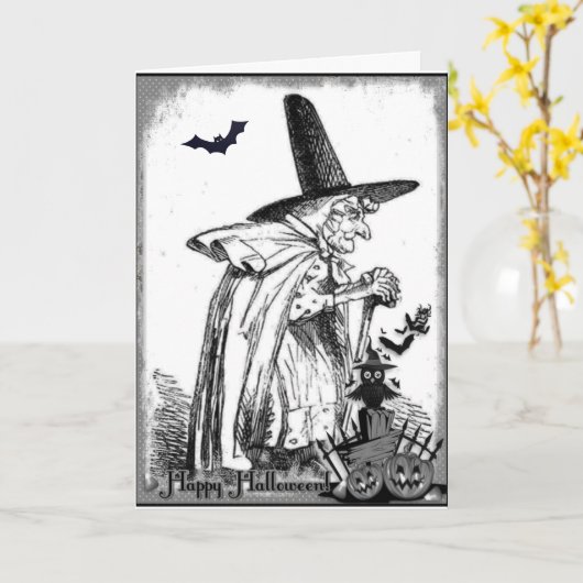 zwarte en witte halloween witch Kaart (Gele Bloem)
